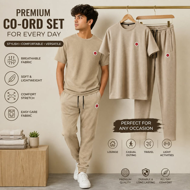 Men's Casual Beige 2-Piece Lounge Set – T-Shirt & Trousers